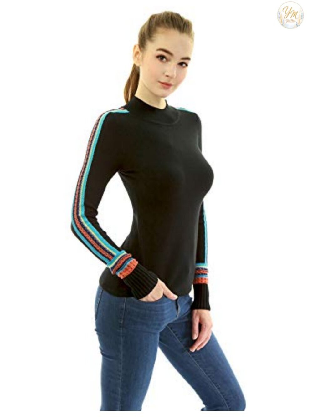 Women's Mock Neck Fair Isle Trim Long Sleeve Pullover Knit Sweater